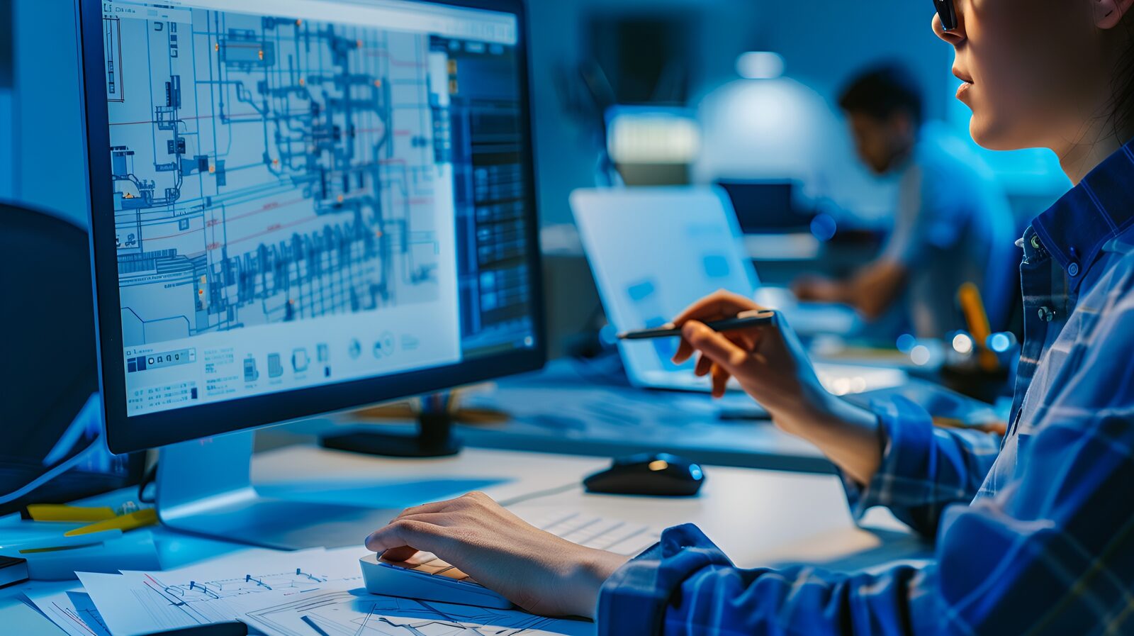 Engineer reviewing technical schematics on multiple monitors