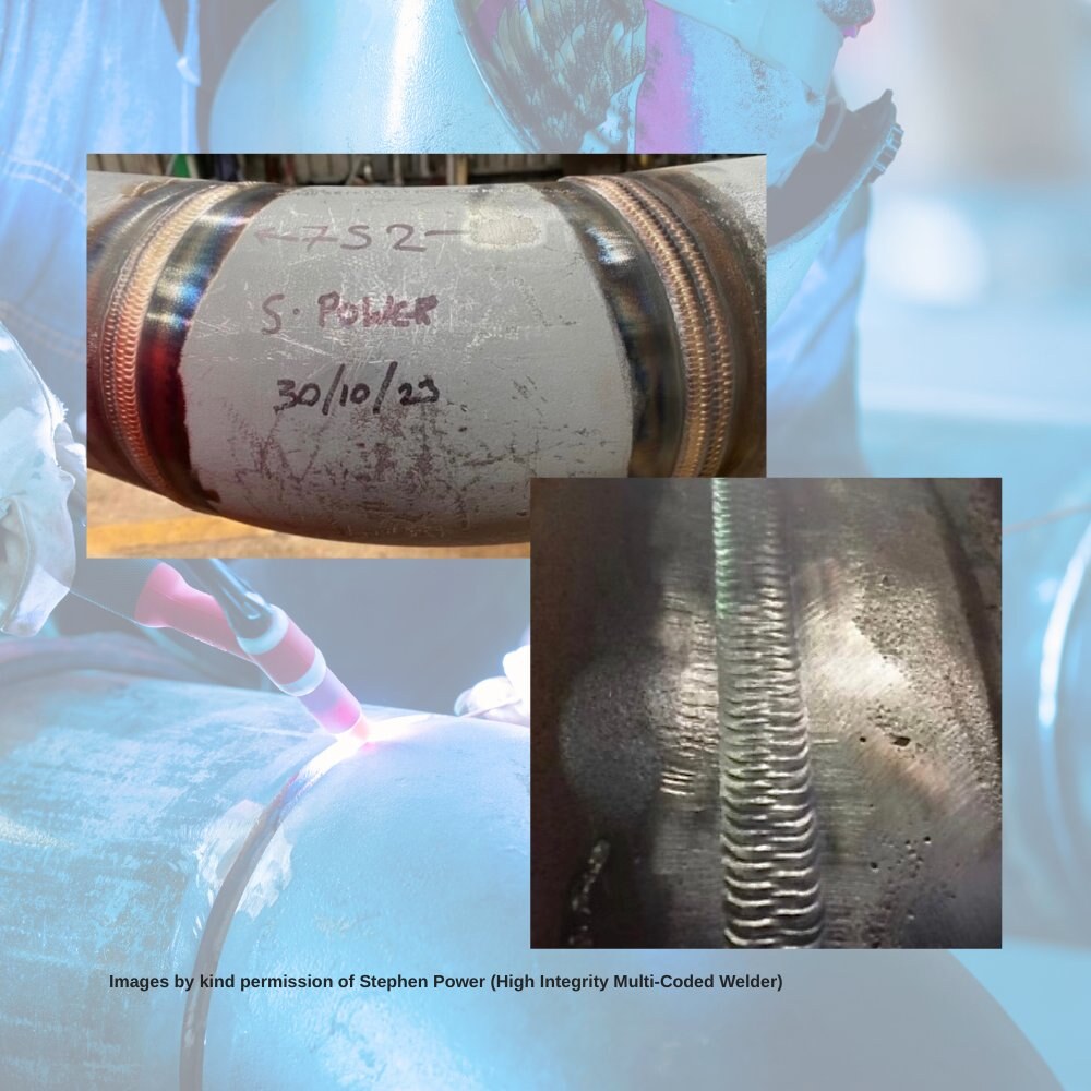 High-integrity multi-coded welds by Stephen Power. Top: weld marked S. Power 30/10/23. Bottom: close-up of TIG weld bead.
